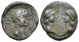 Mysia, Kyzikos. Britannicus (Caesar), Claudia Antonia and Claudia Octavia, AD. 41-55. AE, (11mm, 1.4 g). Reign of Claudius. Obv.: NЄOC ΓЄPMANIKOC / K ...