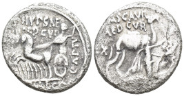 M. Aemilius Scaurus and Pub. Plautius Hypsaeus AR Denarius. (16mm, 3.5 g) Rome, 58 BC. Nabataean king Aretas kneeling to right, holding reins and oliv...
