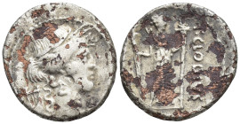 P. Clodius M.f. Turrinus (42 BC). AR/AE fourrée denarius (18mm, 3.0 g). Ancient forgery of Rome denarius. Laureate head of Apollo right; lyre in left ...