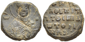 Bust of the Mother of God, nimbate, holding before her the medallion of the Christ child. Circular inscription within border of dots.
Μ-Ρ – ΘΥ Μήτηρ Θ...