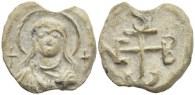 Between two crosses, a bust of the Mother of God
Monogram. 
The exact reading of the monogram remains unclear. It is likely that the monogram can be i...