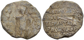 St Demetrios standing, holding a spear in his right hand and balancing a shield against the ground with his left. Inscription on either side: ὁ ἅγιος ...