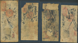 CHINA. Lot of 4 notes of 2 and 3 Tiao. (1900ca). Wan Lung Hao. Private Issue. Partially hand stamped and partially hand written on thin white paper. (...