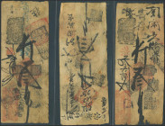 CHINA. Lot of 3 notes of 3 Tiao. (1900ca). Wan Te Chien Tien. Private Issue. Partially hand stamped and partially hand written on thin white paper. (P...