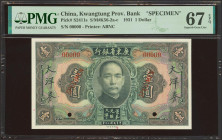 CHINA. 1 Dollar. 1931. Kwangtung Provincial Bank. Specimen. (Pick: S2411s, SM: K56-2a-c). PMG67EPQ.