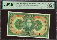 CHINA. 5 Dollars. 1931. Kwangtung Provincial Bank. Specimen. (Pick: S2414s, SM: K56-11). PMG65EPQ (printer's annotation).