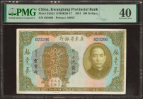 CHINA. 100 Dollars. 1931. Kwangtung Provincial Bank. (Pick: S2424, SM: K56-17). Rest of glue on back. PMG40.