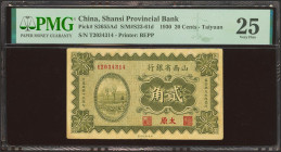 CHINA. 20 Cents. 1 August 1930. Shanse Provincial Bank. Taiyuan. (Pick: S2655Ad, SM: S23-61d). PMG25 (minor paper pulls).