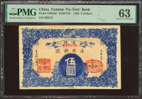 CHINA. 5 Dollars. 1929. Yunnan Fu-Tien" Bank. (Pick: S3023D, SM: Y70). PMG63."
