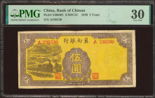 CHINA. 5 Yuan. 1939. Bank of Chinan. (Pick: S3069D, SM: C81). PMG30 (repaired, stamp ink).