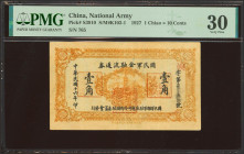 CHINA. 1 Chiao. 1927. National Army. (Pick: S3910, SM: K102-1). PMG30.