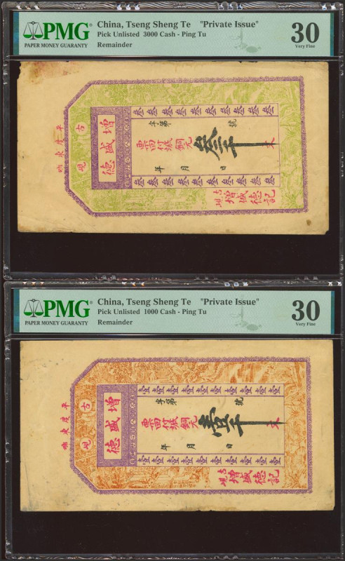 CHINA. Lot of 2 notes of 1000 and 3000 Cash. No Date. Zong Chen De. Pingdu. Shan...