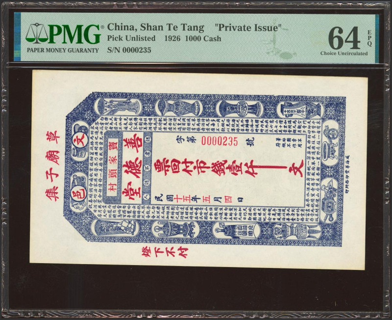 CHINA. 1000 Cash. 1926. Shan Te Tang. Private Issue. (Pick: Unlisted). PMG64EPQ.
