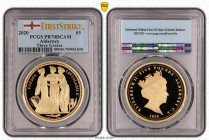 2020年 オルダニー エリザベス2世 スリーグレイセス 5ポンド金貨 First Strike PCGS PR70 Deep Cameo TopPop (40612601) 箱付 KM# 314a, Gold 91.6%, 40.00g, 38.6mm, この3人の女神はイングランド、アイルランド...