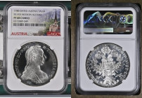 1780年銘 オーストリア マリア・テレジアターラー銀貨 モダンリストライク NGC PF68 Cameo (6315889-049) KM #T1, Y #55, Gigante #2, Silver 83.3%, 28.06g, 40.0mm, 表にはマリア・テレジア、裏には王冠をかぶった双頭の...