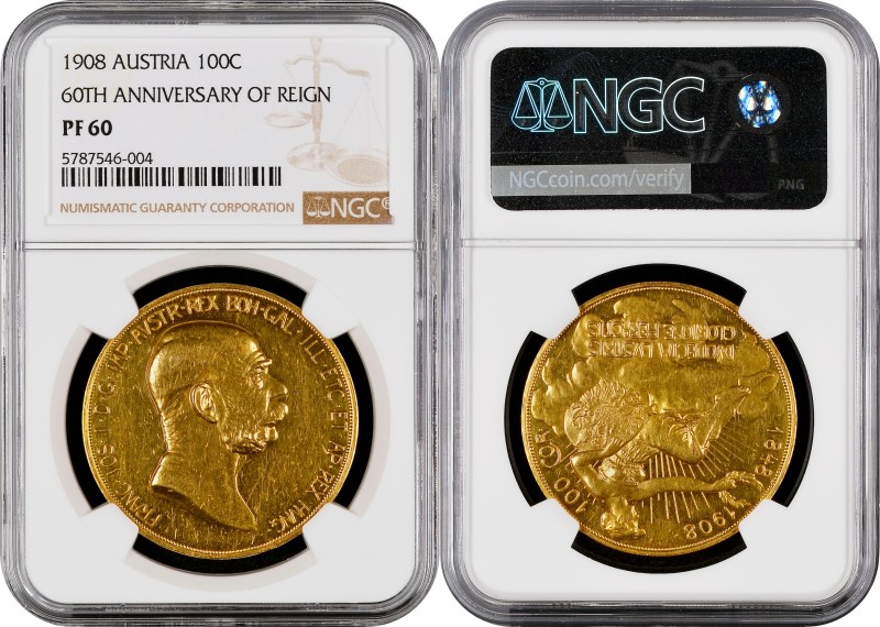 1908年 オーストリア フランツ・ヨーゼフ1世 雲上の女神 100コロナ金貨 NGC PF60 (5787546-004) KM# 2812, Fr# 514...