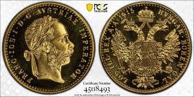 1915年 オーストリア フランツ・ヨーゼフ1世 ダカット金貨 リストライク PCGS MS68 Proof Like (45118493) KM# 2267, Schön# 1, Fr# 493-495, Gold 98.6%, 3.49g, 20.0mm 晩年のフランツ・ヨーゼフ1世を描いたダカ...