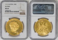 1915年 オーストリア フランツ・ヨーゼフ1世 100コロナ金貨 リストライク NGC MS64(3958350-020) KM# 2819, Fr# 507, Schön# 24, Gold 90.0%, 33.87g, 37.0mm フランツ・ヨーゼフ1世の100コロナ金貨です。1908年の「...