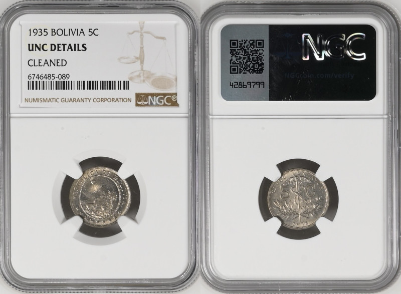 1935年 ボリビア 5センターボ白銅貨 NGC UNC DETAILS CLEAND (6746485-089) KM# 178, Schön# A9, Co...