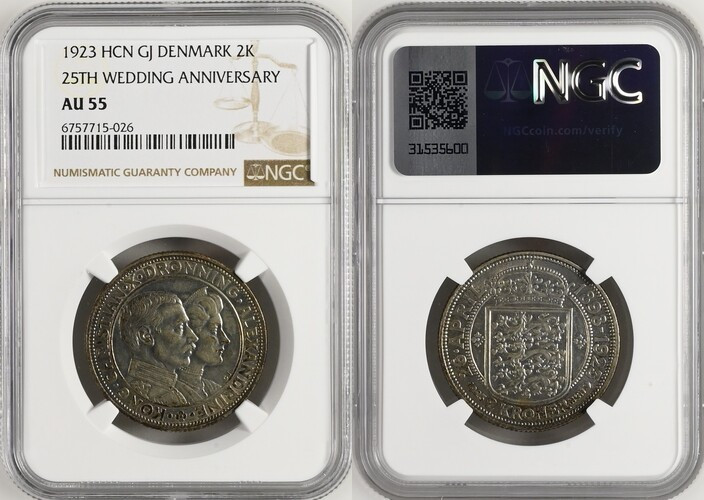 1923年 デンマーク デンマーク国王夫妻 成婚25周年記念 2クローナー銀貨 NGC AU55 (6757715-026) KM# 821, Silver 8...