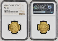 1753年 フランス ルイ15世 ルイドール金貨 パリミントNGC MS64 (6602048-011) Dy royales# 1643, KM# 513, Ciani# 2088, Gold 91.7%, 8.158g, 24.0mm 多くのバラエティを持つ1ルイドール金貨のうち、1753年パリ...