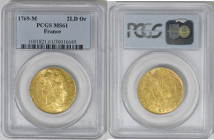 1769年 フランス ルイ15世 2ルイドール金貨 トゥールーズミント PCGS MS61 TopPop  (30016645) Dy royales# 1642, KM# 519 ; 522, Gad 1789# 346, Gold 91.7%, 16.31g, 28.5mm, 表面にはルイ15世...