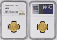1868年 フランス ナポレオン3世 20フラン金貨 パリミント NGC AU58 (6656021-011) F# 532, KM# 801, Fr# 585, Maz# 1450, Gad# 1062, Gold 90.0%, 6.45g, 21.0mm 有冠のナポレオン3世が描かれた肖像が人気...