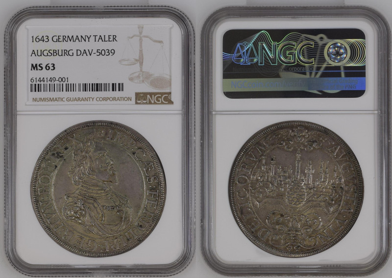 1643年 ドイツ アウグスブルク ターラー銀貨 NGC MS63 (6144149-001) KM# 77, Dav CCT# 5039, 5039A, Ve...