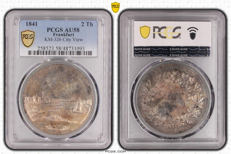1841年 ドイツ 都市景観 フランクフルト リバービュー 2ターラー銀貨 PCGS AU58 (48731093) KM# 326, Thun# 130, A...