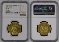 1700年 ドイツ ニュルンベルク ラムダカット 2ダカット金貨 NGC AU58 (3936590‐003) KM# 259, FR-1882, Gold 98.6%, 6.98g, 22.0mm オリジナルストライク	「ラムダカット」の愛称で有名なニュルンベルクの2ダカット金貨です。「PAX(平...