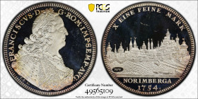 1979年 1754年銘 ドイツ フランツ1世 ターラー銀貨 リストライク PCGS SP66 TopPop  (49565109) マリア・テレジアと異例の恋愛結婚を遂げた神聖ローマ皇帝フランツ1世をデザインしたターラー銀貨です。ニュルンベルクが発行した都市景観の18世紀の図柄をリストライクしたも...
