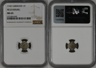 1742年 ドイツ レーゲンスブルク ペーニッヒ銀貨 NGC MS65 TopPop (6731064-040) 18世紀に流通したレーゲンスブルクの1ペーニッヒ銀貨です。表面には年号と2つにカギが交差して並び立つ様が刻印され、裏面は無打刻になっているタイプです。NGCでMS65と当時のものとしては...