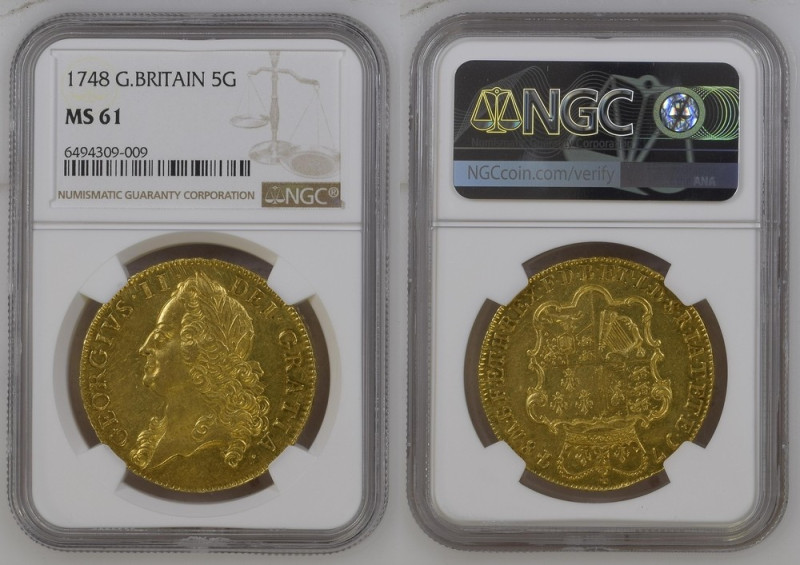 1748年 イギリス ジョージ2世 5ギニー金貨 NGC MS61 (6494309-009) KM#586、Sp # 3665/6, Gold 91.6%, ...