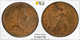 1773年 イギリス ジョージ3世 ファージング銅貨 PCGS MS63BN (50349059) KM# 602, Sp# 3775, Copper, 4.93g, 23.0mm 表面には右を向き月桂冠を戴いて、胸部に鎧をまとったジョージ3世の胸像と、それを囲うようにレジェンドが刻まれています。裏...