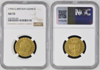 1794年 イギリス ジョージ3世 ギニー金貨 スペードギニー NGC AU55 (6655208-026) KM# 609, Sp# 3729, Gold 91.6%, 8.35g 表面はジョージ3世の肖像、裏面は剣・ライオン・ハープのデザインに、愛称にもなっている”スペード”の紋章が特徴的なデザ...