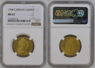 1798年 イギリス ジョージ3世 ギニー金貨 スペードギニー NGC MS63 (2135269-010) KM# 609, Sp# 3729, Gold 91.6%, 8.35g 表面はジョージ3世の肖像、裏面は剣・ライオン・ハープのデザインに、愛称にもなっている”スペード”の紋章が特徴的なデザ...