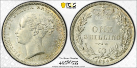 1884年 イギリス ヴィクトリア 1stポートレート シリング銀貨 PCGS MS63 準TopPop (49586535) KM# 734, Sp# 3902-7, Silver 92.5%, 5.66g, 23.5mm, 表面はヴィクトリア女王の戴冠前の肖像、裏面は王冠と花輪の中に額面、下に年...