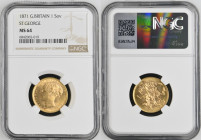 1871年 イギリス ヴィクトリア 聖ジョージの竜退治 ソヴリン金貨 NGC MS64 (6842065-019) KM# 752, Sp# 3856, Gold 91.6%, 7.99g, 22.0mm ヴィクトリア女王のソヴリン金貨です。初年号の1871年に発行された個体で、NGCでは最高鑑定は...