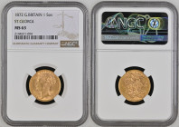 1872年 イギリス ヴィクトリア ソヴリン金貨 NGC MS63 (2144571-004) KM# 752, Sp# 3856, Gold 91.6%, 7.99g, 22.0mm, ヴィクトリア女王のソヴリン金貨で、裏はセントジョージの竜退治のデザインです。 1872 Great Britai...