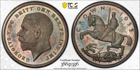 1935年 イギリス ジョージ5世 クラウン銀貨 PCGS PF65 Cameo (38651356) KM# 842a, Sp# 4050, Silver 92.5%, 28.28g, 38.6mm ジョージ5世のクラウン銀貨です。裏面の聖ジョージの竜退治はエングレーバーのパーシー・メトカーフがデ...