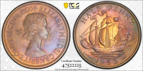 1953年 イギリス エリザベス2世 1stポートレート 1/2ペニー銅貨 PCGS PR64 RB (47522225) KM# 882, Sp# 4155, Bronze, 5.67g, 25.4mm, 表面はエリザベス女王の肖像,
裏面は航行する3つ船の絵柄で上に額面, 下に年が記されていま...