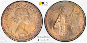 1953年 イギリス エリザベス2世 1stポートレート ペニー銅貨 PCGS PR63 RB (47522224) KM# 897, Sp# 4157, Bronze, 9.45g, 30.8mm, エリザベス2世の最初の肖像タイプで製造されたペニー銅貨です。裏面のブリタニアは、ユニオンジャックの...