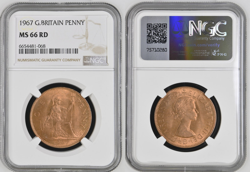 1967年 イギリス エリザベス2世 1stポートレート ペニー銅貨 NGC MS66 RD 準TopPop (6654481-068) KM# 897, Sp...