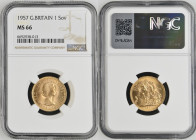 1957年 イギリス エリザベス2世 1stポートレート ソヴリン金貨 NGC MS66 TopPop (6692938-013) Sp#GE32, KM# 908, Sp# 4124, Sp# 4125, Gold 91.6%, 7.99g, 22.0mm, Mary Gillickによるエリザベ...