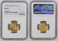 1958年 イギリス エリザベス2世 1stポートレート ソヴリン金貨 NGC MS66 (6385832-002) Sp#GE32, KM# 908, Sp# 4124, Sp# 4125, Gold 91.6%, 7.99g, 22.0mm, Mary Gillickによるエリザベス女王の肖像が...
