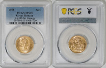 1958年 イギリス エリザベス2世 1stポートレート ソヴリン金貨 PCGS MS65 (49684129) Sp#GE32, KM# 908, Sp# 4124, Sp# 4125, Gold 91.6%, 7.99g, 22.0mm, Mary Gillickによるエリザベス女王の肖像が美し...