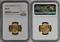 1958年 イギリス エリザベス2世 1stポートレート ソヴリン金貨 NGC MS65 (6634302-007) Sp#GE32, KM# 908, Sp# 4124, Sp# 4125, Gold 91.6%, 7.99g, 22.0mm, Mary Gillickによるエリザベス女王の肖像が...