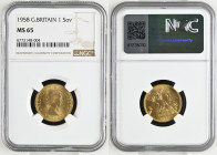 1958年 イギリス エリザベス2世 1stポートレート ソヴリン金貨 NGC MS65 (6773148-004) Sp#GE32, KM# 908, Sp# 4124, Sp# 4125, Gold 91.6%, 7.99g, 22.0mm, Mary Gillickによるエリザベス女王の肖像が...