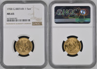 1958年 イギリス エリザベス2世 1stポートレート ソヴリン金貨 NGC MS65 (6674668-002) Sp#GE32, KM# 908, Sp# 4124, Sp# 4125, Gold 91.6%, 7.99g, 22.0mm, Mary Gillickによるエリザベス女王の肖像が...