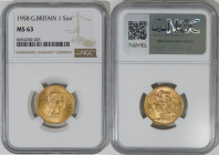 1958年 イギリス エリザベス2世 1stポートレート ソヴリン金貨 NGC MS63 (6654260-023) Sp#GE32, KM# 908, Sp# 4124, Sp# 4125, Gold 91.6%, 7.99g, 22.0mm, Mary Gillickによるエリザベス女王の肖像が...
